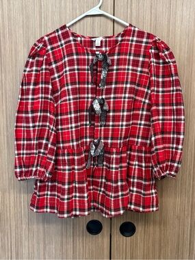 Cato Red Plaid Peplum Blouse with Metallic Bow Accents